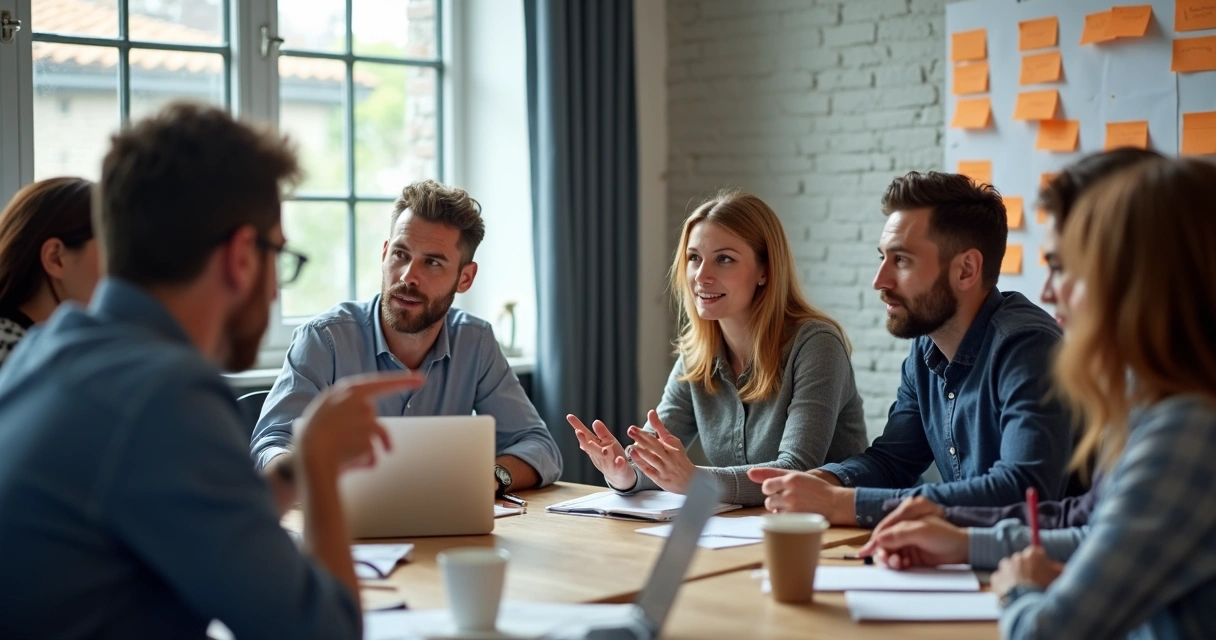 A group of colleagues in a meeting room, engaged in intense discussion with open body language