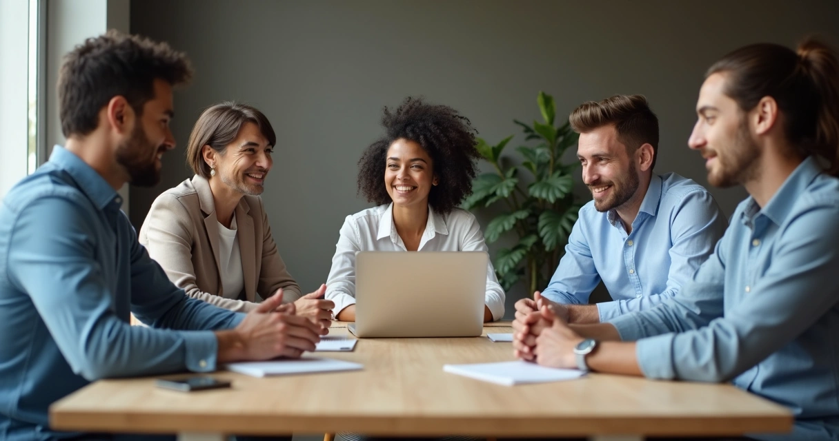 Office team sitting around a table in discussion with notepads and laptops