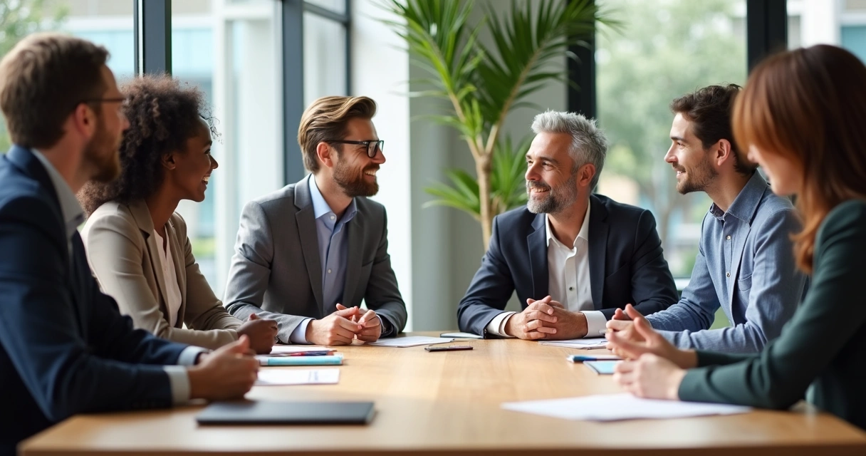 Team of diverse professionals engaging in open discussion around a table 