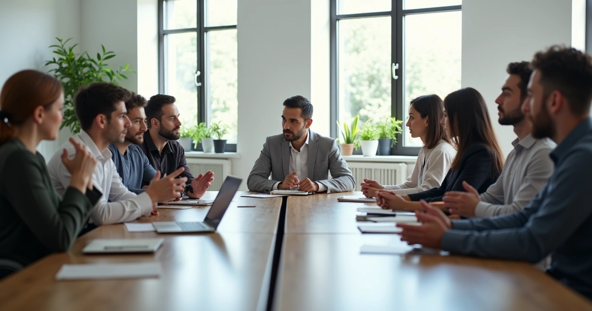 Diverse team in active discussion in a modern office 
