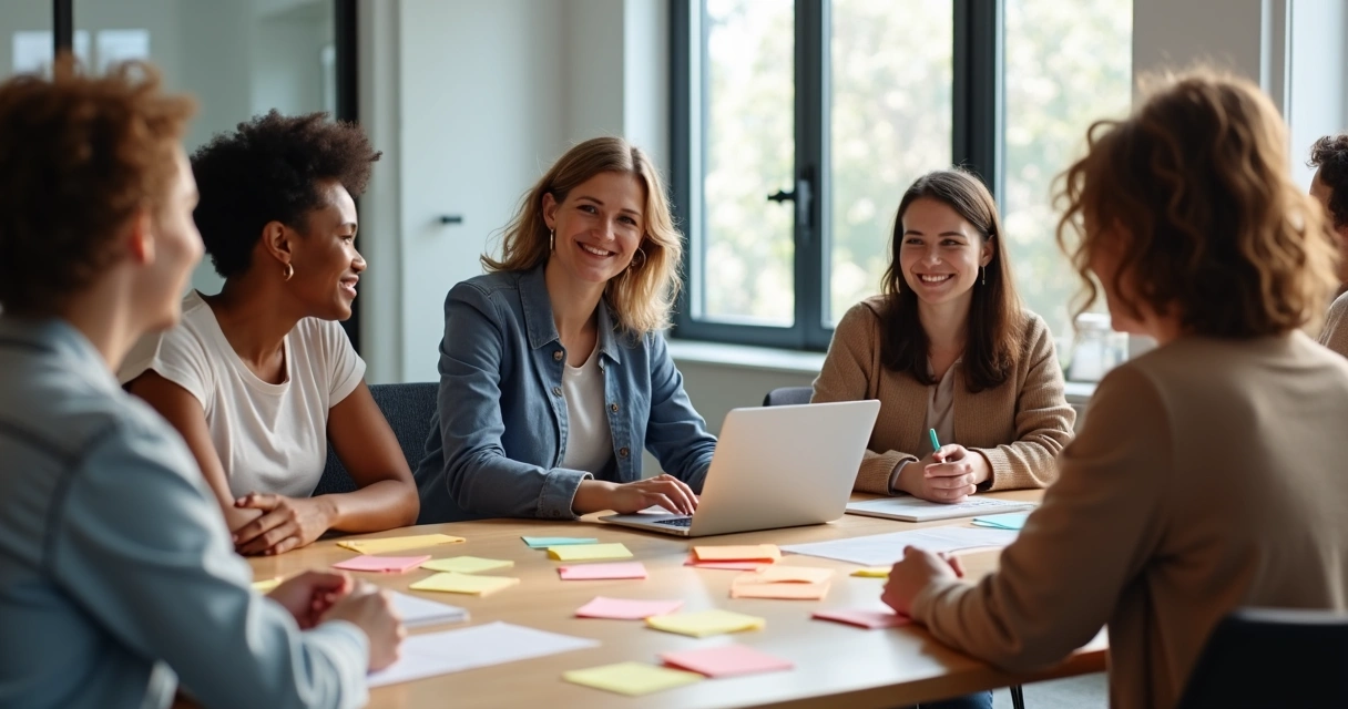 Diverse team around a table in discussion 