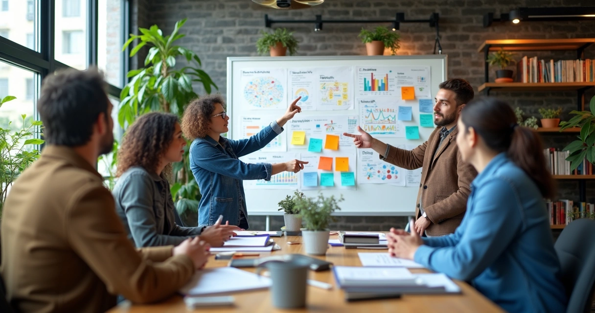 Diverse research team having a discussion around a whiteboard 