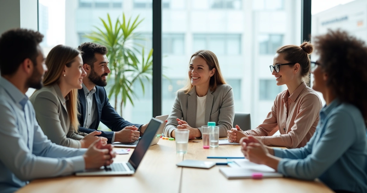 Diverse team collaborating calmly in a modern office meeting 