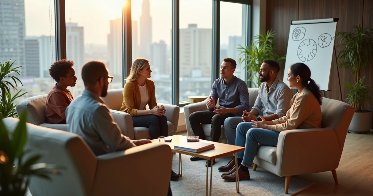 Team in relaxed meeting practicing emotional resilience together 
