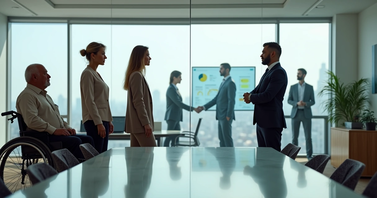 Diverse colleagues separated by an invisible glass barrier in a modern office 
