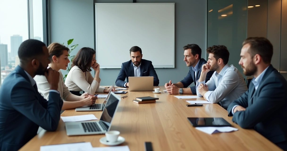 Office team in meeting showing subtle tension and disconnection 
