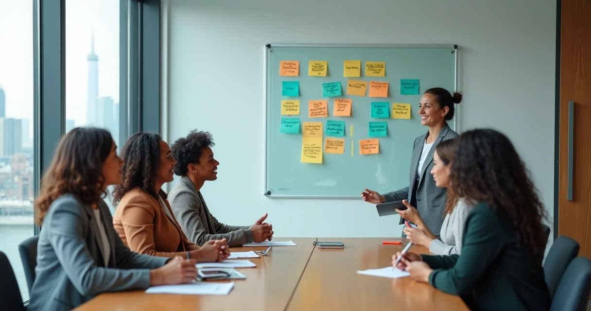 Diverse team in a meeting noticing bias in group feedback 