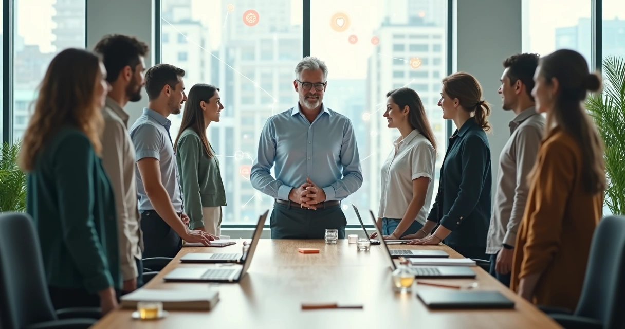 Diverse team in modern office connected by glowing network representing human valuation 