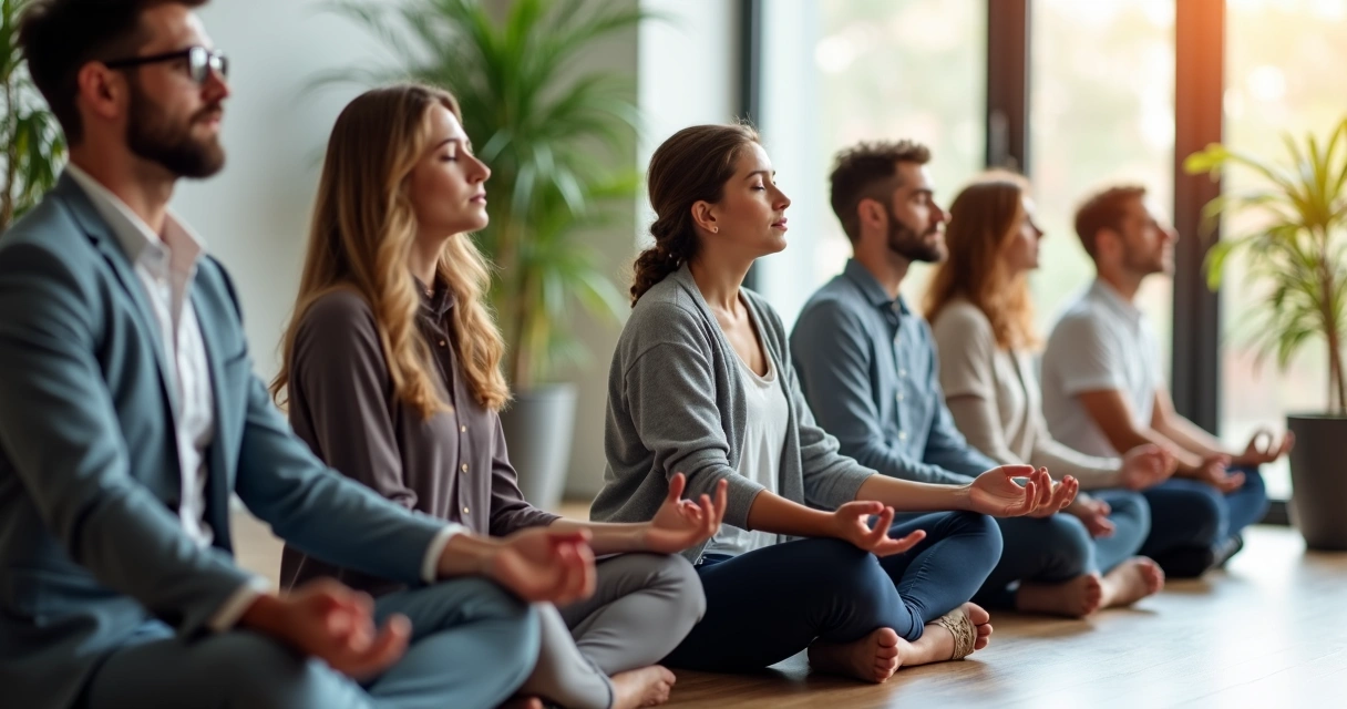 Work team diverse in age and background sitting together in meditation, calm office background
