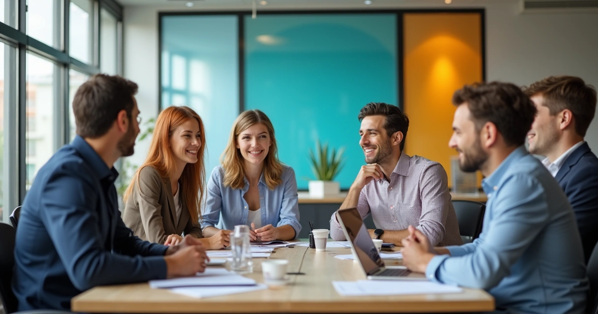 Colleagues in a modern office discussing around a table, communicating openly. 