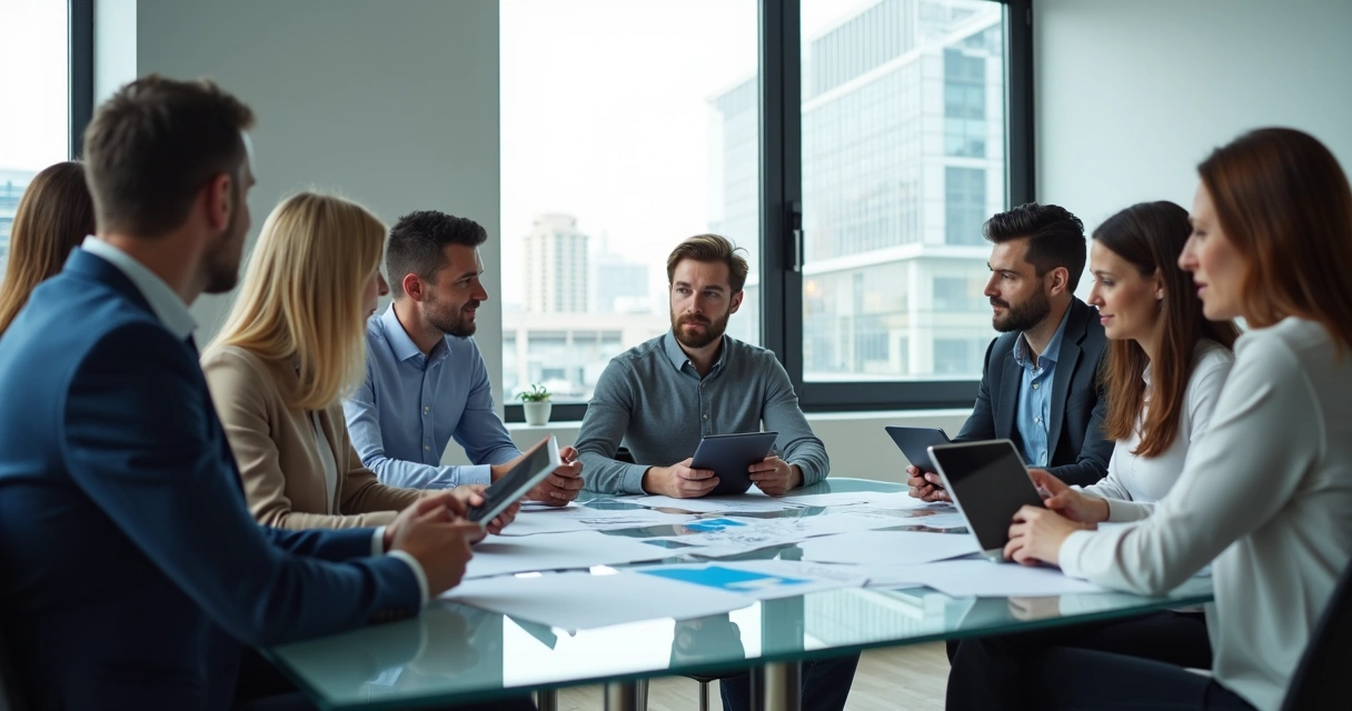 Diverse team at a modern office table discussing project documents. 
