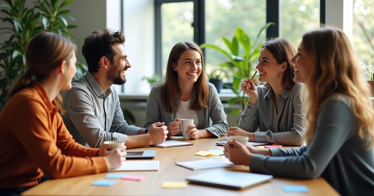 Diverse team sitting around a table sharing ideas 
