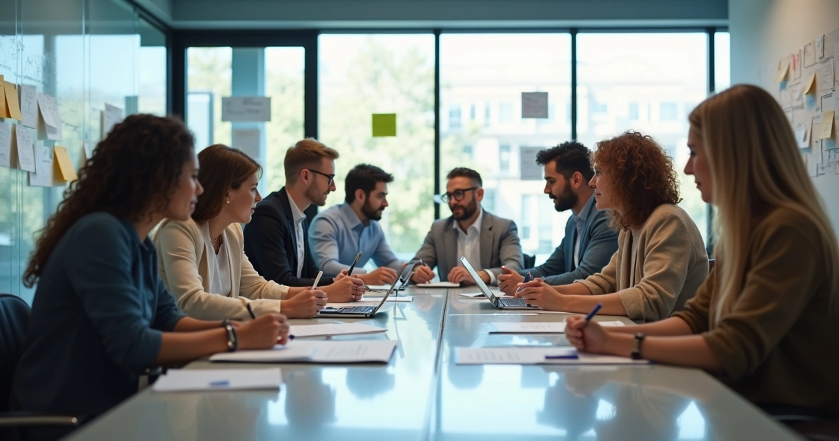 Diverse team collaborating around table 