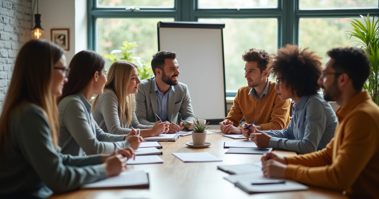 Diverse coworkers sharing ideas around a table 