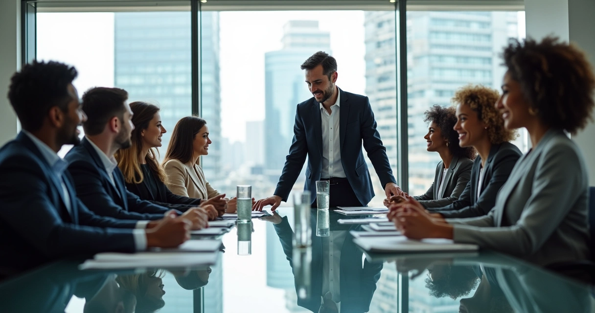 Team gathered around table with diverse backgrounds represented. 