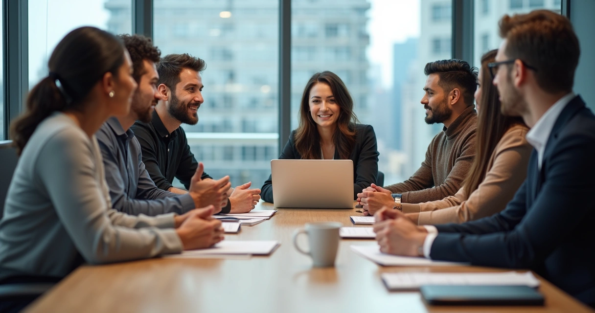 Diverse team having a meeting with engaged expressions 