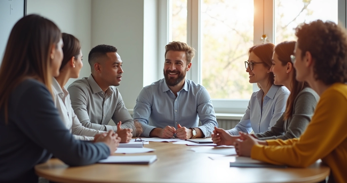 Team members of varied backgrounds in a meeting room with a leader conversing attentively