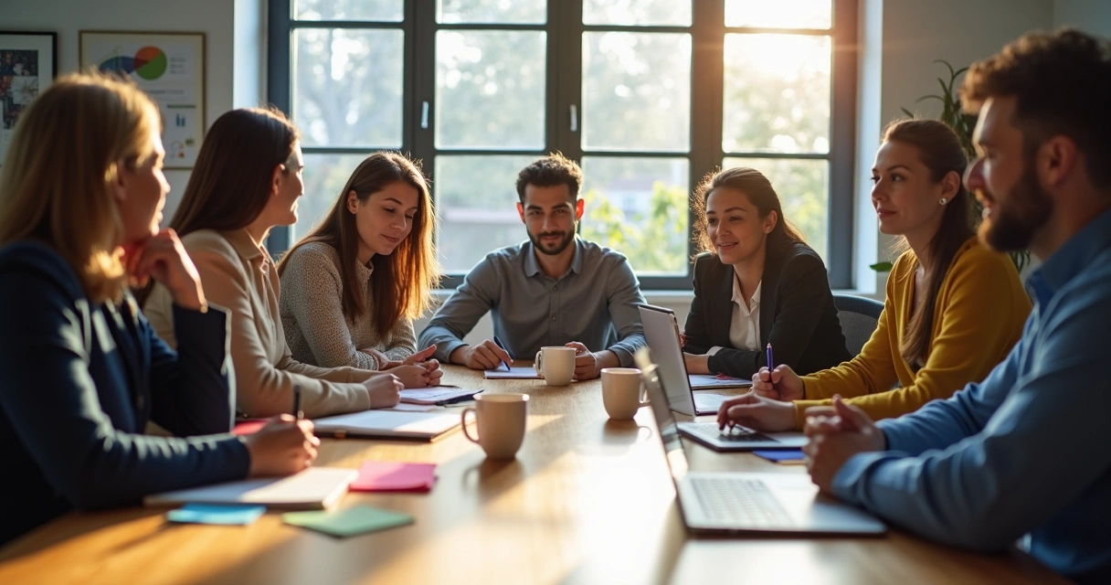 Diverse group of people in business attire gathered around a table with papers and laptops, some smiling, some serious, natural daylight 