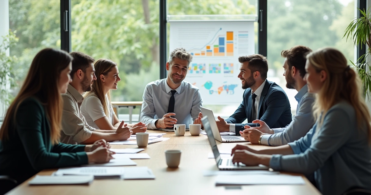 Team members of different backgrounds in discussion at a meeting table 