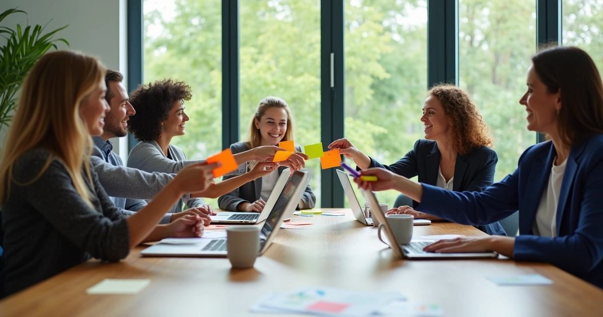 Diverse team sharing ownership around table 