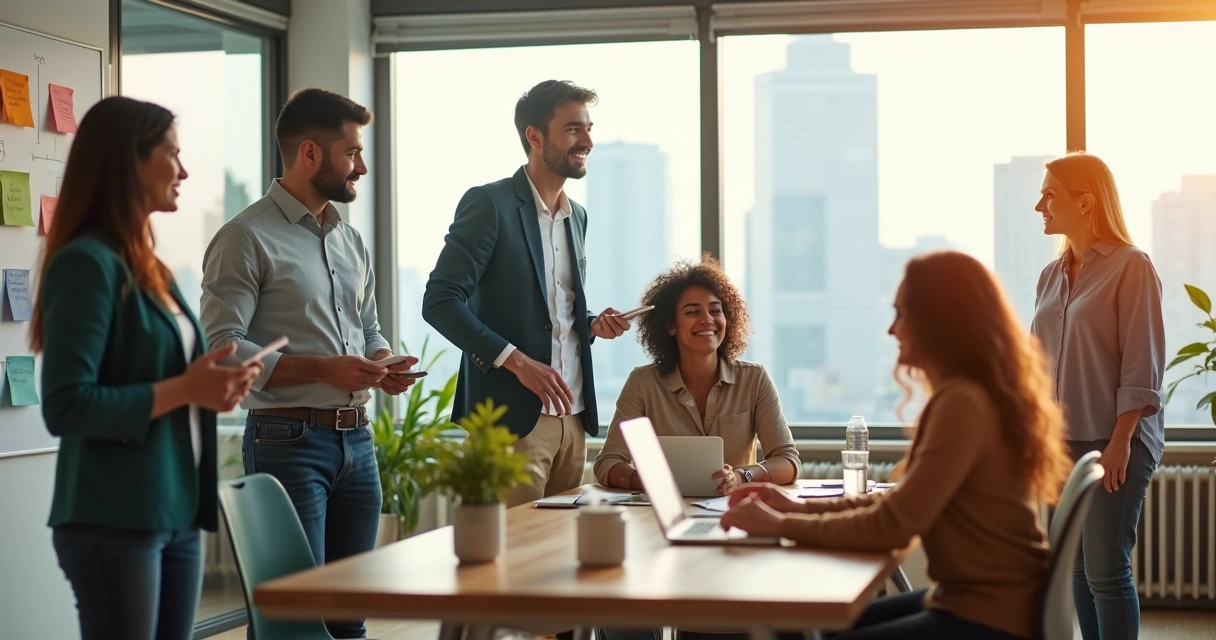 Team in modern office practicing small daily positive habits 