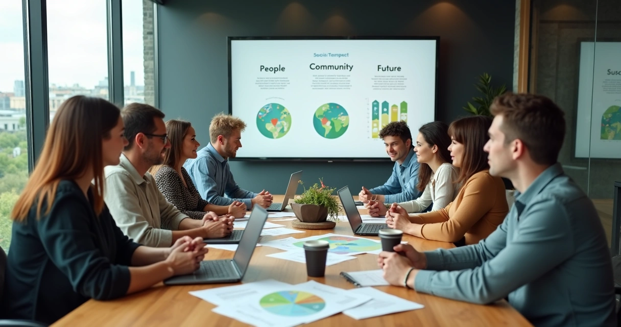 Diverse team in modern office discussing social responsibility strategy 