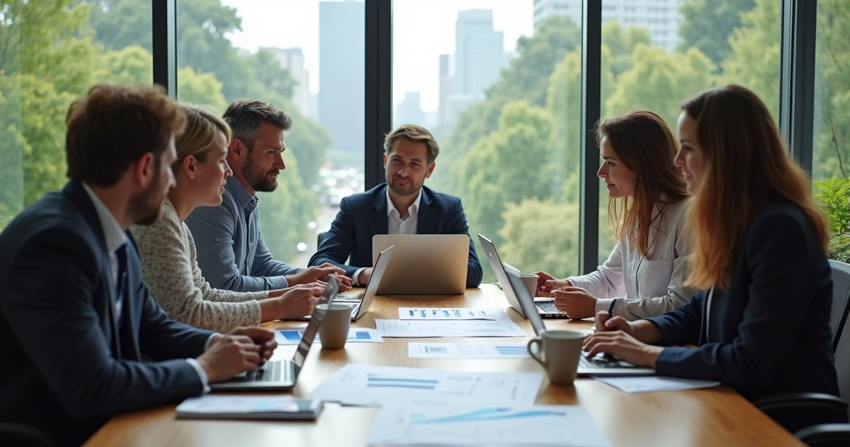 Diverse team discussing strategy around table 