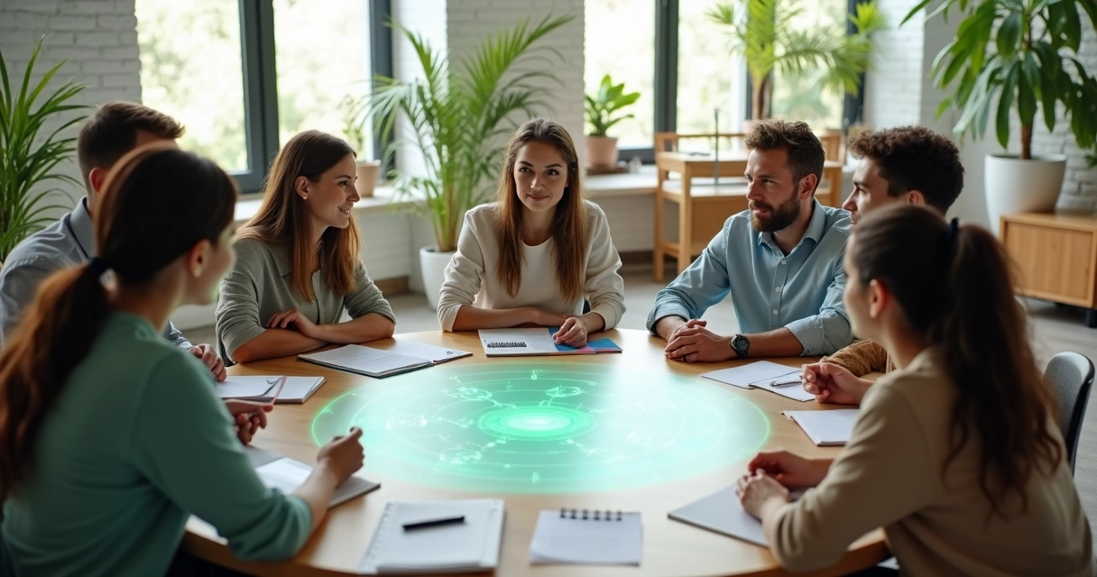 Diverse group in circle collaborating around a glowing shared project table 