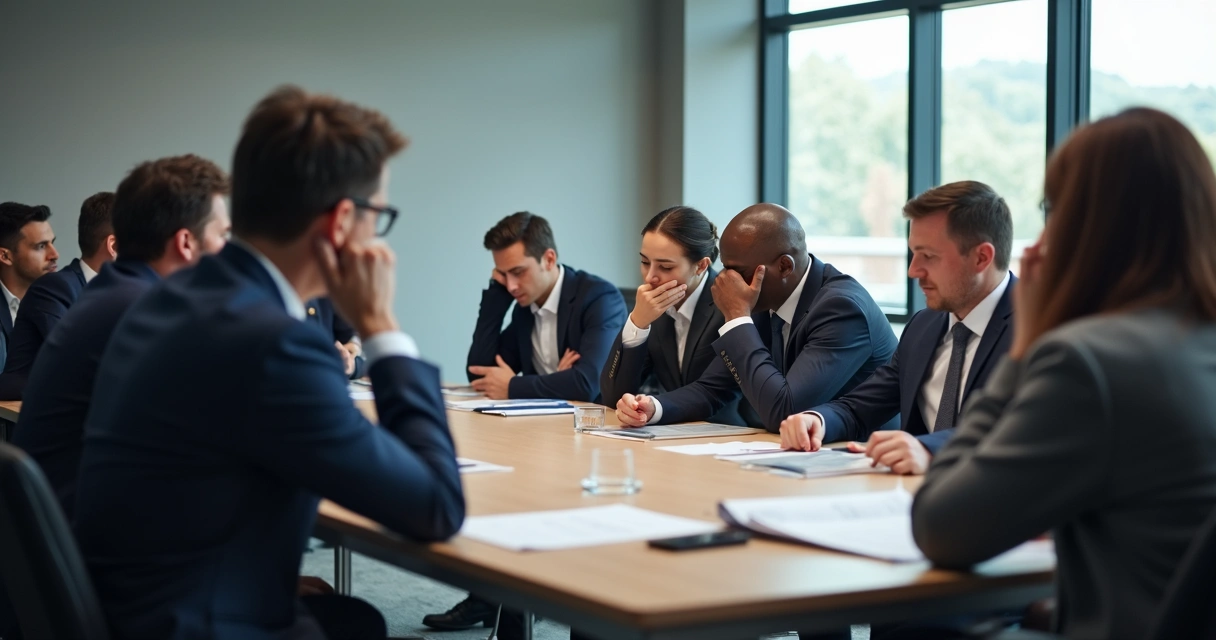 Diverse team in boardroom looking exhausted after long meeting