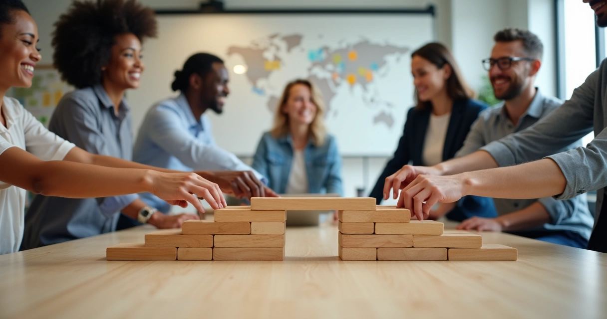 Diverse coworkers placing wooden blocks together to form a bridge 