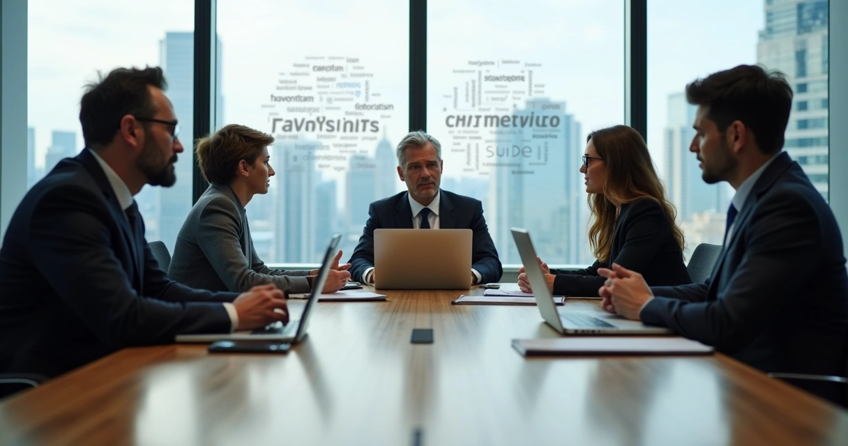 Diverse leadership team in meeting with shadow biases forming behind them 
