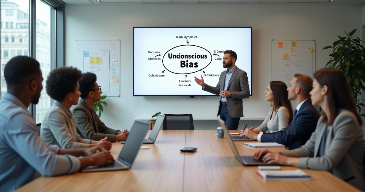 Diverse team in meeting room discussing unconscious bias around a conference table 