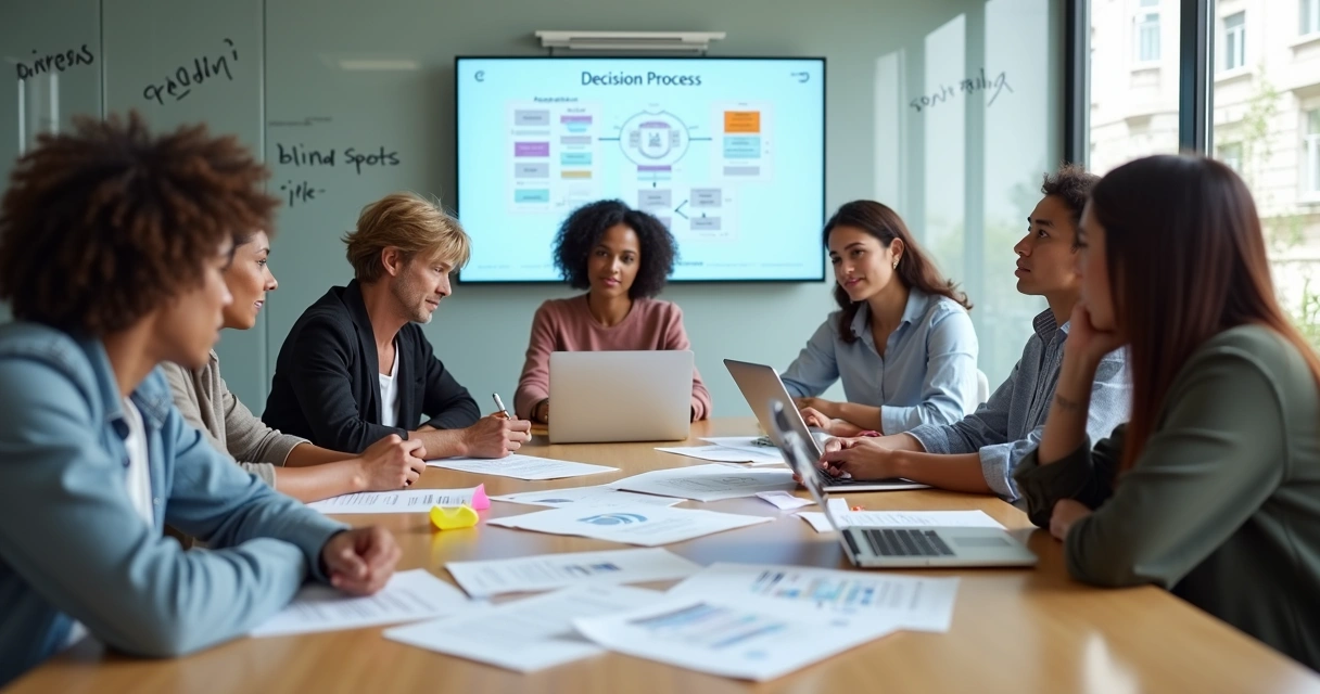 Diverse team in a meeting reflecting on unconscious bias during a decision discussion 