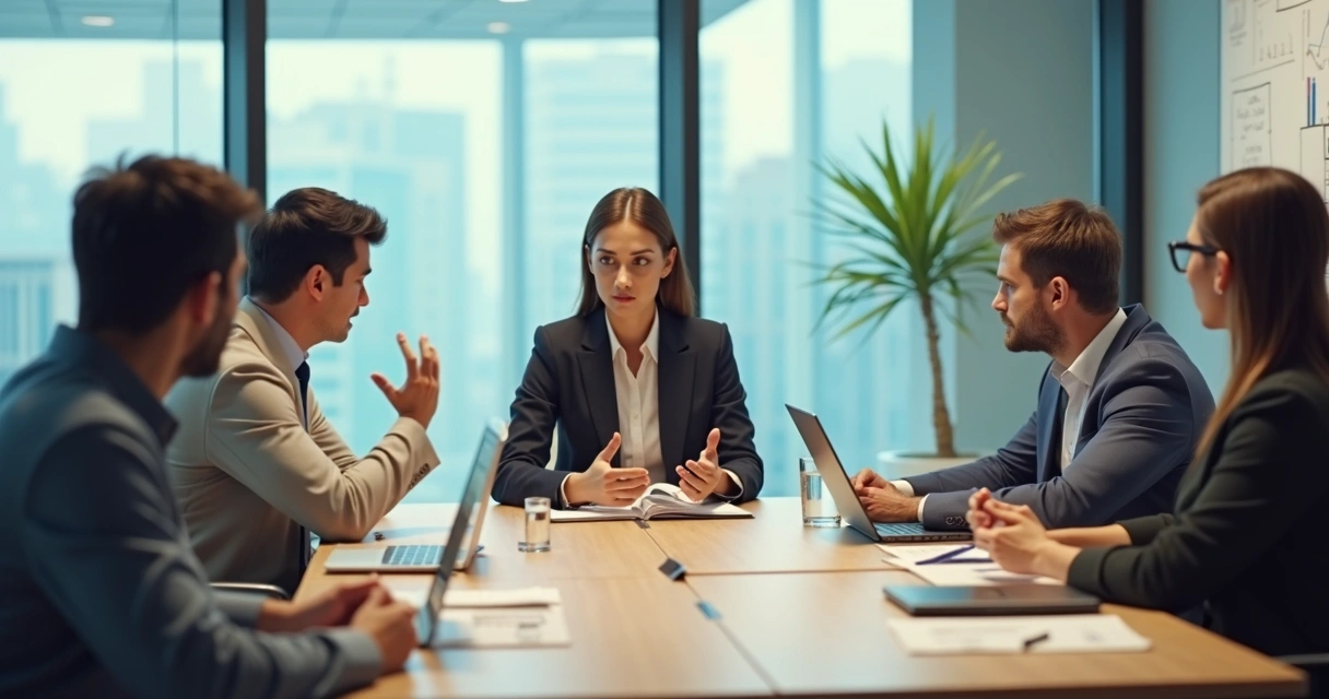 Diverse office team around a table showing subtle tension and disconnection 