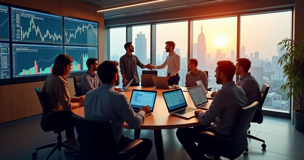Group of traders in discussion room with screens.