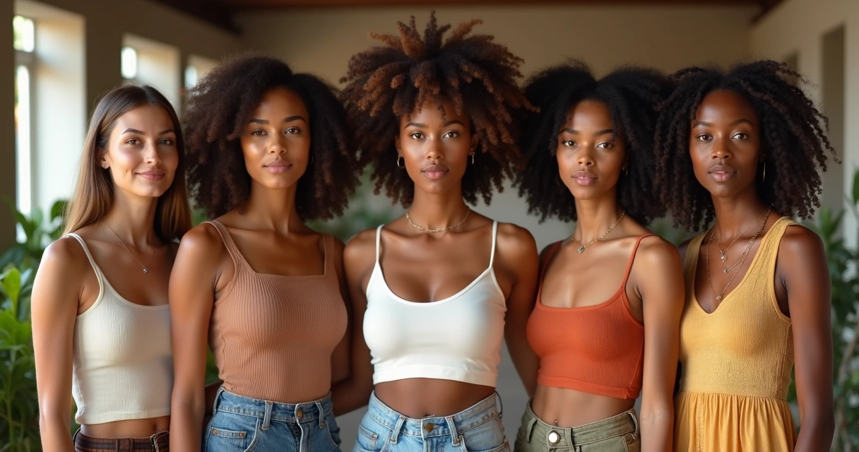 Group of diverse women in natural light expressing different styles of femininity 
