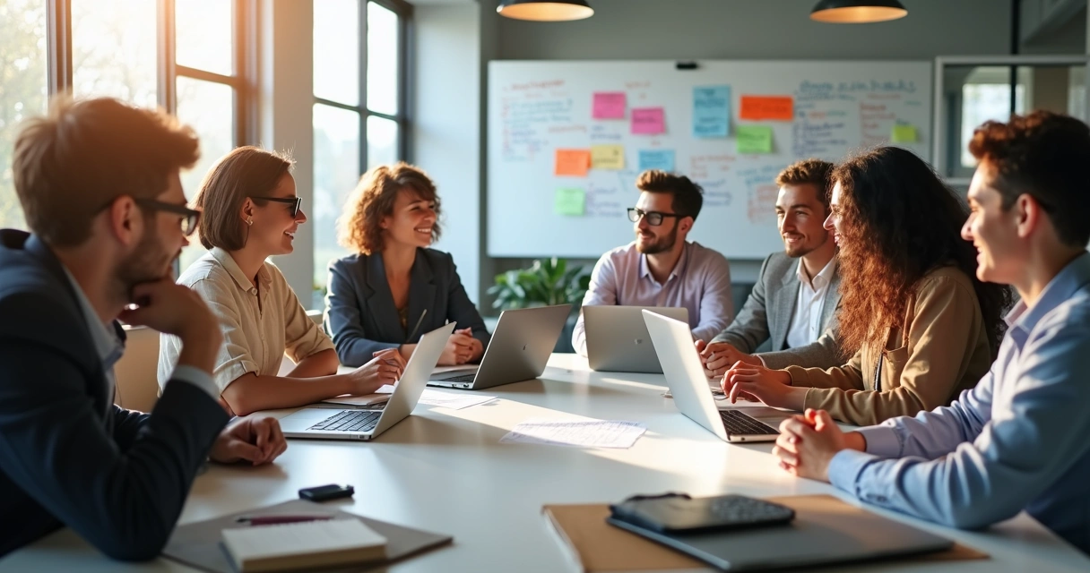 Diverse team in a meeting, each person sharing opinions