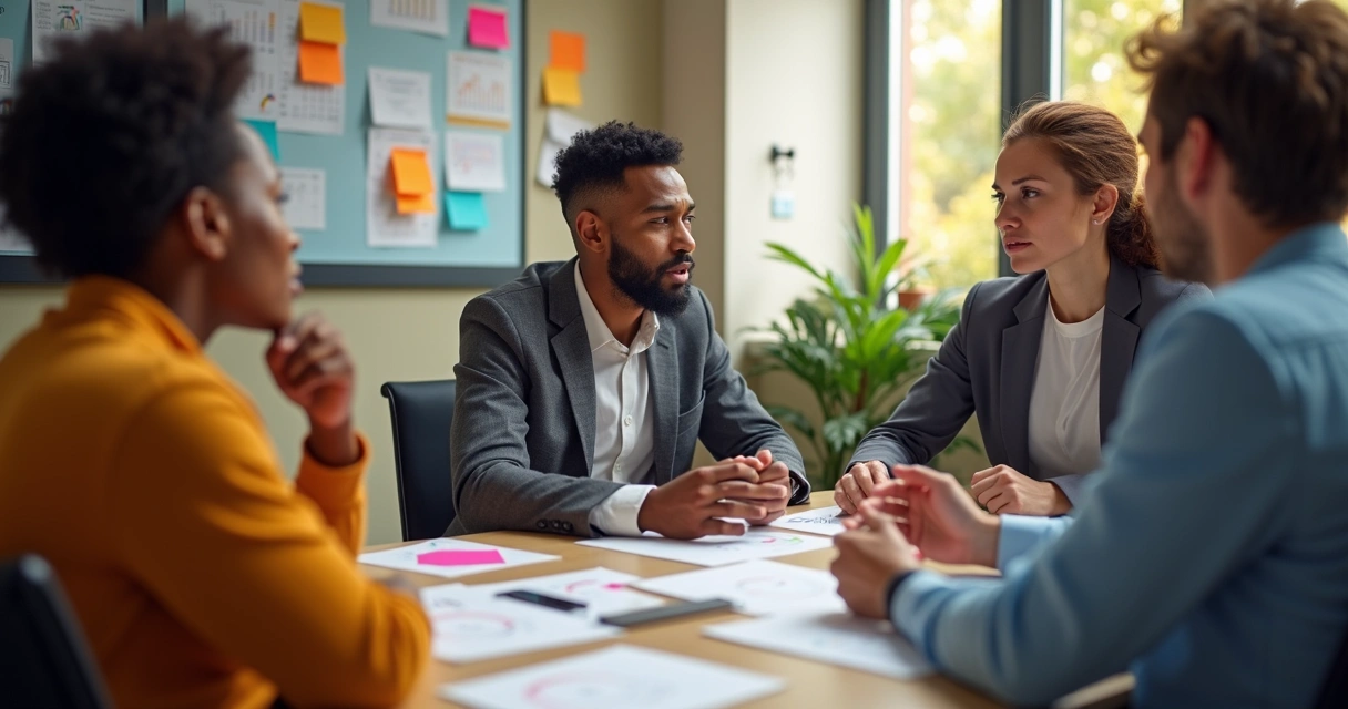 Three coworkers of different backgrounds talking at a meeting table, with charts and post-it notes on the wall behind them.
