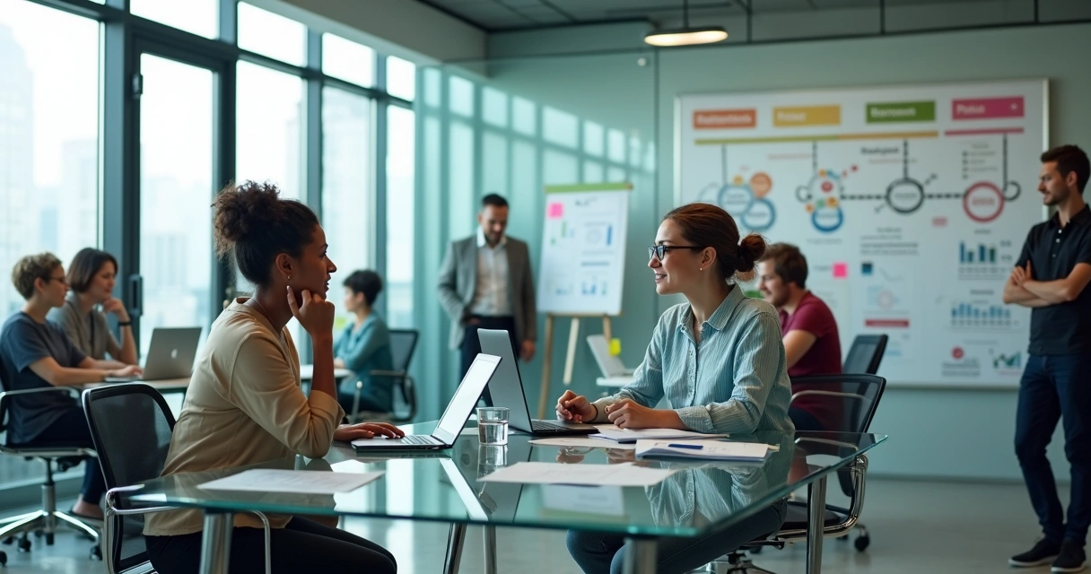 Diverse team in modern office with subtle barriers highlighting systemic bias 
