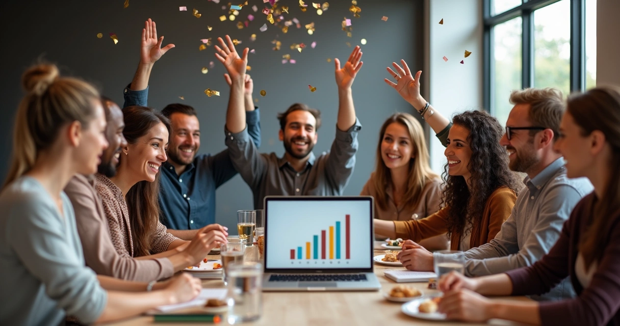 Equipo diverso celebrando en una sala de reuniones con manos levantadas y confeti 