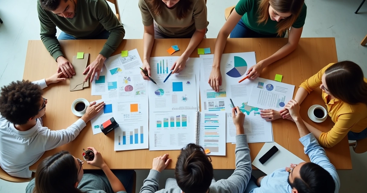 Grupo diverso revisando notas y gráficos en una mesa de trabajo