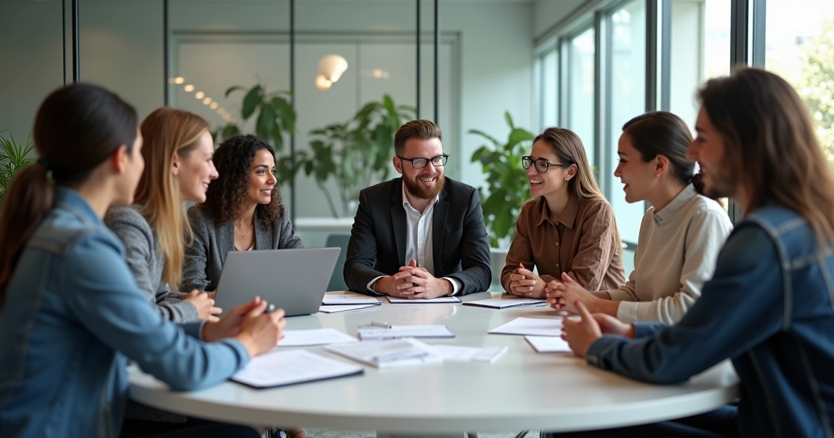 Personas de diferentes perfiles reunidas alrededor de una mesa discutiendo. 