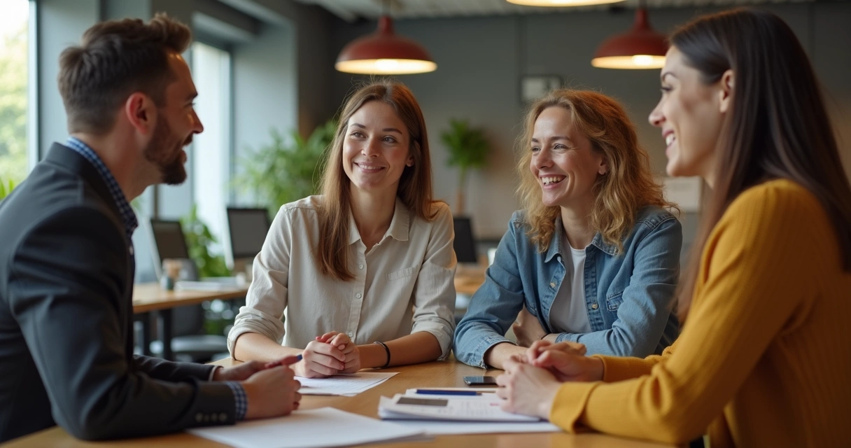 Grupo diverso de empleados sonrientes compartiendo ideas 