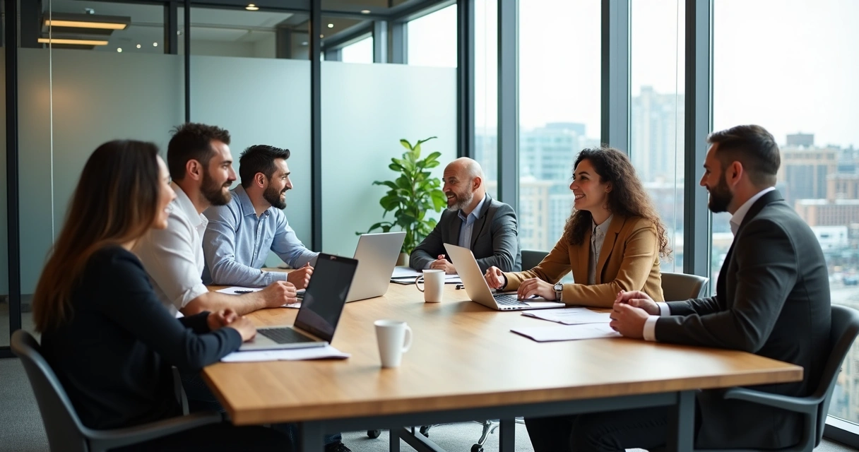 Reunión de trabajo intercultural en oficina moderna