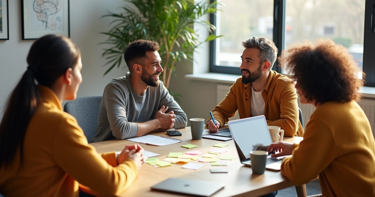 Personas en una mesa de trabajo compartiendo ideas en equipo