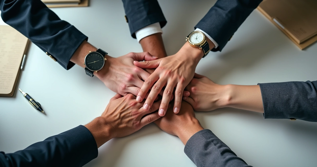 Mãos de diferentes pessoas unidas sobre mesa de reunião