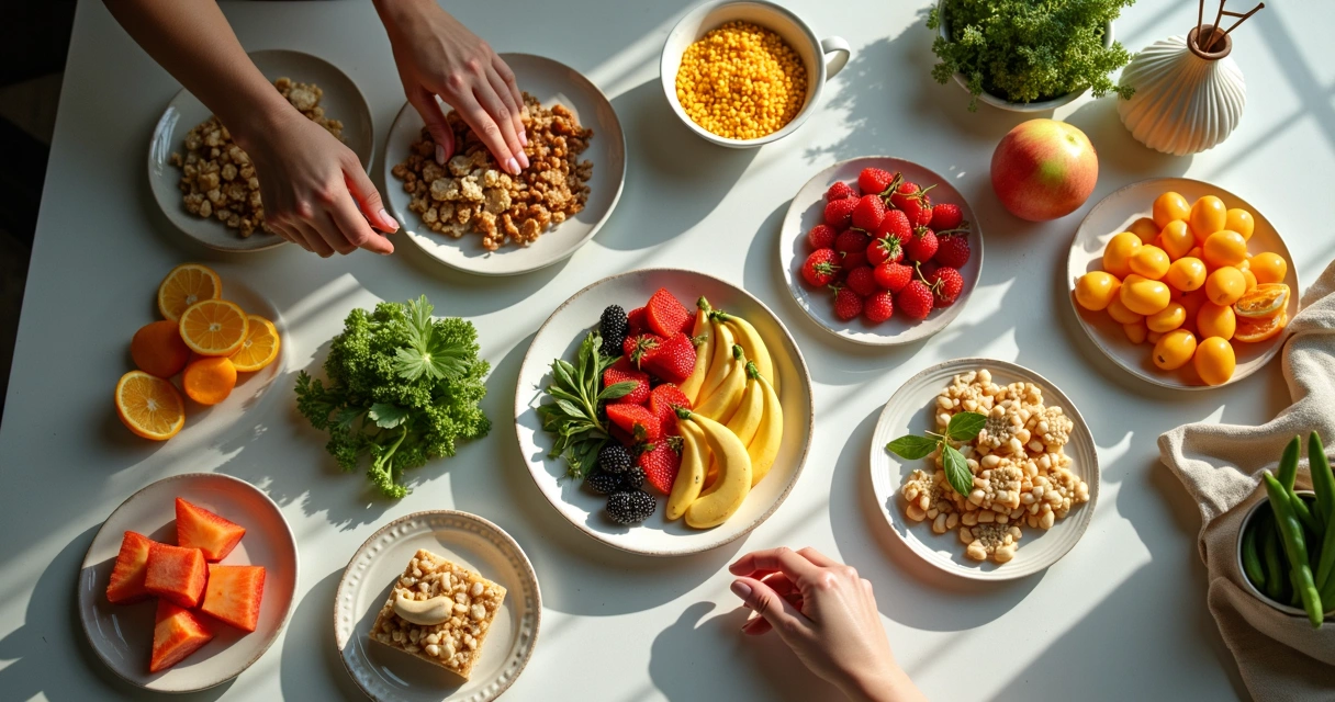Pratos coloridos com alimentos variados em uma mesa, próximos a mãos femininas, em ambiente iluminado e tranquilo 