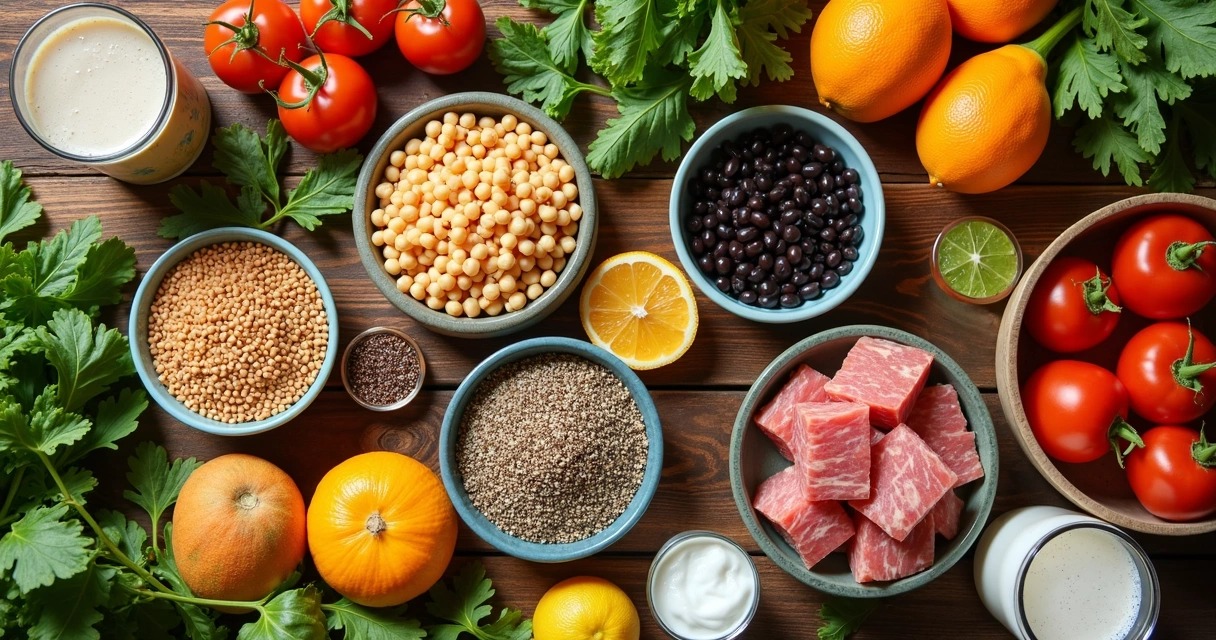 Mesa com alimentos vegetarianos variados como grãos, sementes e vegetais 