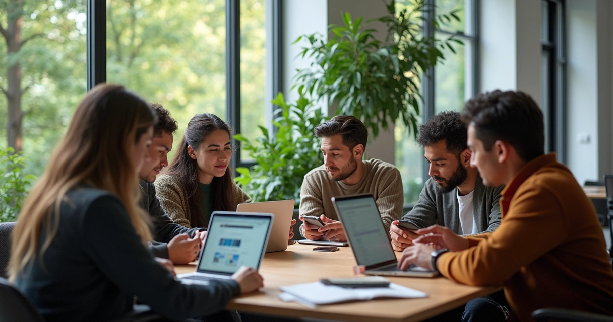 Usuários diversos interagindo em seus dispositivos digitais em um ambiente moderno 