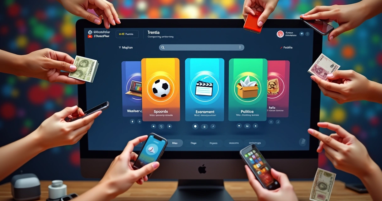 Diversos temas de apostas em cards na tela de um notebook 